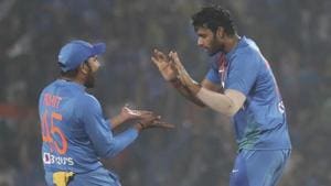 Indian players Shivam Dube, right, with Rohit Sharma celebrate the wicket of Bangladesh's Mushfiqur Rahim during their third Twenty20 international cricket match against India in Nagpur.(AP) Indian players Shivam Dube, right, with Rohit Sharma celebrate the wicket of Bangladesh's Mushfiqur Rahim during their third Twenty20 international cricket match against India in Nagpur.(AP)