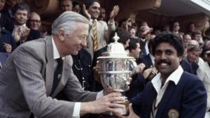 Quite the legend: Former Indian cricket captain Kapil Dev receiving the Prudential World Cup Trophy from the then chairman of Prudential Assurance, Lord Carr of Hadley, after India's victory over the West Indies in the World Cup Final at Lord's cricket ground in London, 25th June 1983.(Bob Thomas/Getty Images) Quite the legend: Former Indian cricket captain Kapil Dev receiving the Prudential World Cup Trophy from the then chairman of Prudential Assurance, Lord Carr of Hadley, after India's victory over the West Indies in the World Cup Final at Lord's cricket ground in London, 25th June 1983.(Bob Thomas/Getty Images)