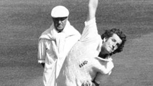 England and Warwickshire fast bowler Bob Willis, watched by umpire Bill Alley.(AP) England and Warwickshire fast bowler Bob Willis, watched by umpire Bill Alley.(AP)