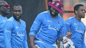 West Indies' captain Kieron Pollard, centre, attends a training session.(AP) West Indies' captain Kieron Pollard, centre, attends a training session.(AP)