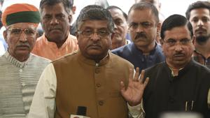 New Delhi, India - Nov. 25, 2019: BJP Members of Parliament Ravi Shankar Prasad (C) Arjun Ram Meghwal (L) and Pralhad Joshi (R) addresses media at Parliament House in New Delhi.(Burhaan Kinu/HT PHOTO) New Delhi, India - Nov. 25, 2019: BJP Members of Parliament Ravi Shankar Prasad (C) Arjun Ram Meghwal (L) and Pralhad Joshi (R) addresses media at Parliament House in New Delhi.(Burhaan Kinu/HT PHOTO)