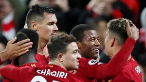 Liverpool's Georginio Wijnaldum celebrates scoring their fifth goal with teammates(REUTERS) Liverpool's Georginio Wijnaldum celebrates scoring their fifth goal with teammates(REUTERS)