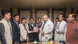 Home Minister Amit Shah during a meeting with various northeastern leaders on Citizenship Amendment Bill (CAB), in New Delhi, Saturday, Nov. 30, 2019. Union Minister for Sports and Youth Affairs Kiren Rijiju, Arunachal Pradesh Chief Minister Pema Khandu and Assam Finance Minister Himanta Biswa Sarma are also seen.(PTI) Home Minister Amit Shah during a meeting with various northeastern leaders on Citizenship Amendment Bill (CAB), in New Delhi, Saturday, Nov. 30, 2019. Union Minister for Sports and Youth Affairs Kiren Rijiju, Arunachal Pradesh Chief Minister Pema Khandu and Assam Finance Minister Himanta Biswa Sarma are also seen.(PTI)