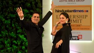 Akshay Kumar and Kareena Kapoor during the Hindustan Times Leadership Summit in New Delhi on Friday. (Photo by Amal KS/ Hindustan Times)(Amal KS/HT PHOTO)