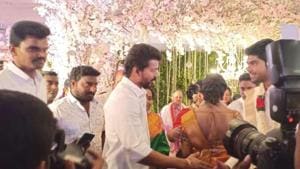 Vijay greets the groom at a Chennai wedding. Vijay greets the groom at a Chennai wedding.