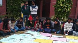 Students of IIMC have been protesting continuously for the last six days demanding affordable education, lesser hostel and mess fees and hostel accommodation for all students.(HT PHOTO.) Students of IIMC have been protesting continuously for the last six days demanding affordable education, lesser hostel and mess fees and hostel accommodation for all students.(HT PHOTO.)