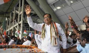 Congress leader P Chidambaram waves at party workers as he arrives at Chennai airport(PTI Photo) Congress leader P Chidambaram waves at party workers as he arrives at Chennai airport(PTI Photo)