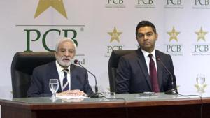 Pakistan Cricket Board's new managing director Wasim Khan, right, looks on during a press conference with the PCB chairman Ehsan Mani in Lahore, Pakistan.(AP) Pakistan Cricket Board's new managing director Wasim Khan, right, looks on during a press conference with the PCB chairman Ehsan Mani in Lahore, Pakistan.(AP)