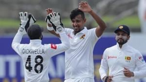 Suranga Lakmal, center, during the first test match between Sri Lanka and New Zealand in Galle, Sri Lanka.(AP) Suranga Lakmal, center, during the first test match between Sri Lanka and New Zealand in Galle, Sri Lanka.(AP)