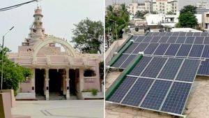 Badrinarayan temple in Gujarat’s Surat district uses solar panels to generate electricity.(Twitter/ANI) Badrinarayan temple in Gujarat’s Surat district uses solar panels to generate electricity.(Twitter/ANI)