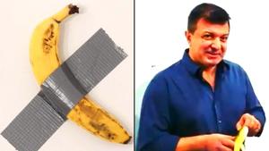 The most talked-about artwork of the week was titled Comedian — a spotty banana duct-taped to a wall by artist Maurizio Cattelan. New York based artist David Datuna (photo on right ) removed the banana from the wall, unpeeled it and took a bite.(Photo credit: @ArtBasel (L), @OfficialJoelF (R)) The most talked-about artwork of the week was titled Comedian — a spotty banana duct-taped to a wall by artist Maurizio Cattelan. New York based artist David Datuna (photo on right ) removed the banana from the wall, unpeeled it and took a bite.(Photo credit: @ArtBasel (L), @OfficialJoelF (R))