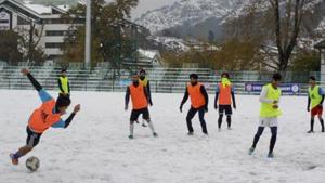 File image of players of Real Kashmir FC in action during a training session.(PTI)