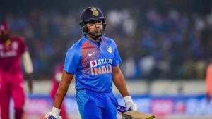 Rohit Sharma during the first T20 match against West Indies, at Rajiv Gandhi International Stadium in Hyderabad.(PTI) Rohit Sharma during the first T20 match against West Indies, at Rajiv Gandhi International Stadium in Hyderabad.(PTI)