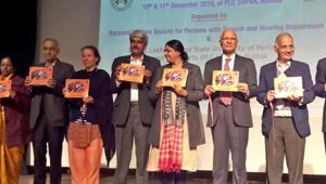A coffee table book on the vision and mission of the Haryana Welfare Society for Persons with Speech and Hearing Impairment being unveiled during an international conference on ‘Deaf Education: Challenges and Way Forward’ in Rohtak on Tuesday.(HT Photo)