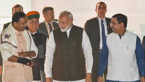 Prime Minister Narendra Modi with Union Parliamentary Affairs Minister Pralhad Joshi, MoS Arjun Ram Meghwal arrive for the BJP Parliamentary Party meeting, at Parliament House in New Delhi, Wednesday, Dec. 11, 2019.(PTI)