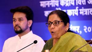 Union Minister for Finance Nirmala Sitharaman addresses a press conference during the GST meet held in Old Goa. Minister of State for Finance Anurag Thakur also present.(File photo: ANI) Union Minister for Finance Nirmala Sitharaman addresses a press conference during the GST meet held in Old Goa. Minister of State for Finance Anurag Thakur also present.(File photo: ANI)