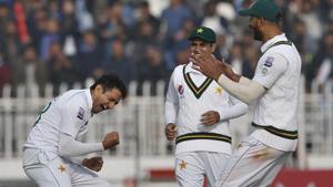 Rawalpindi: Pakistani pacer Mohammad Abbas, left, celebrates after taking the wicket of Sri Lankan batsman Dinesh Chandimal.(AP) Rawalpindi: Pakistani pacer Mohammad Abbas, left, celebrates after taking the wicket of Sri Lankan batsman Dinesh Chandimal.(AP)