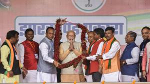 Prime Minister Narendra Modi beng garlanded during an election campaign rally, ahead of 2nd phase of State Assembly elections at Khunti district of Jharkhand.(PTI) Prime Minister Narendra Modi beng garlanded during an election campaign rally, ahead of 2nd phase of State Assembly elections at Khunti district of Jharkhand.(PTI)