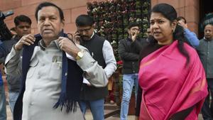 DMK MPs TR Baalu and Kanimozhi during the ongoing Winter Session at Parliament, in New Delhi.(Photo: PTI) DMK MPs TR Baalu and Kanimozhi during the ongoing Winter Session at Parliament, in New Delhi.(Photo: PTI)