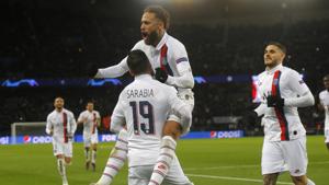 PSG's Pablo Sarabia, left, celebrates after scoring his side's second goal with his teammates Neymar, and Mauro Icardi, right, during the Champions League.(AP) PSG's Pablo Sarabia, left, celebrates after scoring his side's second goal with his teammates Neymar, and Mauro Icardi, right, during the Champions League.(AP)
