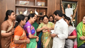 Andhra Pradesh’s women ministers and leaders of ruling YSR Congress Party on Thursday tied ‘Rakhi’ to Chief Minister Y.S. Jagan Mohan Reddy(cmo andhra pradesh/twitter) Andhra Pradesh’s women ministers and leaders of ruling YSR Congress Party on Thursday tied ‘Rakhi’ to Chief Minister Y.S. Jagan Mohan Reddy(cmo andhra pradesh/twitter)