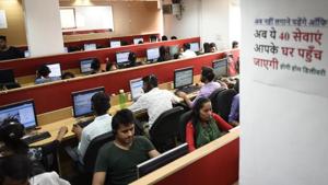 Customer Care executives receive calls at a call centre under the Delhi government’s Doorstep Delivery scheme.(Burhaan Kinu/HT File Photo) Customer Care executives receive calls at a call centre under the Delhi government’s Doorstep Delivery scheme.(Burhaan Kinu/HT File Photo)