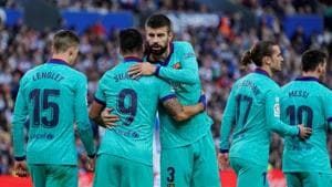 Barcelona's Luis Suarez celebrates scoring their second goal with Gerard Pique.(REUTERS) Barcelona's Luis Suarez celebrates scoring their second goal with Gerard Pique.(REUTERS)
