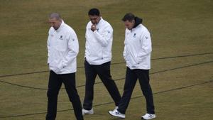 England's umpires Richard Kettlevorough, right, and Michael Gough, left, and Pakistani umpire Shozab Raza.(AP) England's umpires Richard Kettlevorough, right, and Michael Gough, left, and Pakistani umpire Shozab Raza.(AP)
