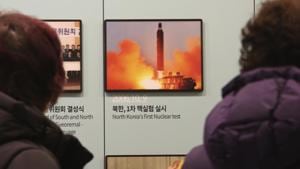 Visitors watch a photo showing North Korea's missile launch at the Unification Observation Post in Paju, South Korea, near the border with North Korea, Friday, Dec. 13, 2019.(AP) Visitors watch a photo showing North Korea's missile launch at the Unification Observation Post in Paju, South Korea, near the border with North Korea, Friday, Dec. 13, 2019.(AP)