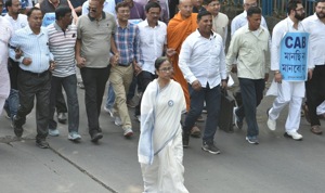 West Bengal Chief Minister Mamata Banerjee at a protest march in Kolkata against the amended Citizenship Act and the proposed countrywide NRC on Monday.(Samir Jana/HT Photo) West Bengal Chief Minister Mamata Banerjee at a protest march in Kolkata against the amended Citizenship Act and the proposed countrywide NRC on Monday.(Samir Jana/HT Photo)