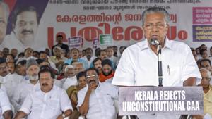 Kerala Chief Minister Pinarayi Vijayan addresses the gathering during a protest against the amended Citizenship Act in Thiruvananthapuram on Monday.(PTI PHOTO.) Kerala Chief Minister Pinarayi Vijayan addresses the gathering during a protest against the amended Citizenship Act in Thiruvananthapuram on Monday.(PTI PHOTO.)