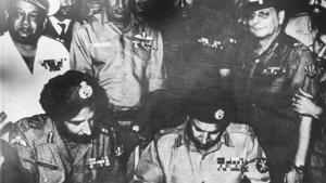 Lt. Gen. J.S. Aurora, GOC-IN-C, Eastern Command and LT. GEN. A .A.K Niazi of Pakistan army signing the surrender documents in Dhaka on Dec. 16, 1971. Vice Admiral N. Krishnan, Air Marshal H.C. Dewan. LT. GEN. Sagat Singh, MAJ. GEN. J.F.R. Jacob are also seen in the picture.(Photo Division/Defence Wing) Lt. Gen. J.S. Aurora, GOC-IN-C, Eastern Command and LT. GEN. A .A.K Niazi of Pakistan army signing the surrender documents in Dhaka on Dec. 16, 1971. Vice Admiral N. Krishnan, Air Marshal H.C. Dewan. LT. GEN. Sagat Singh, MAJ. GEN. J.F.R. Jacob are also seen in the picture.(Photo Division/Defence Wing)