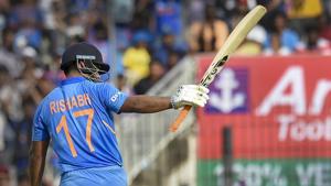 Indian batsman Rishabh Pant raises his bat after completing his half-century(PTI) Indian batsman Rishabh Pant raises his bat after completing his half-century(PTI)