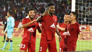 North East United FC player Asamoah Gyan celebrates with teammates after scoring a goal against FC Goa during their ISL match , at Indira Gandhi Athletics Stadium, Sarusujai in Guwahati.(PTI) North East United FC player Asamoah Gyan celebrates with teammates after scoring a goal against FC Goa during their ISL match , at Indira Gandhi Athletics Stadium, Sarusujai in Guwahati.(PTI)
