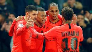 Paris St Germain's Kylian Mbappe celebrates scoring their fourth goal with Neymar and teammates(REUTERS) Paris St Germain's Kylian Mbappe celebrates scoring their fourth goal with Neymar and teammates(REUTERS)