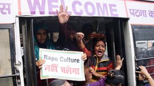 Women members from the various organization being detained during a protest against the gang rape of a college student, in Patna.(ANI Photo) Women members from the various organization being detained during a protest against the gang rape of a college student, in Patna.(ANI Photo)
