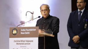Former President Pranab Mukherjee addresses during the 2nd Atal Bihari Vajpayee Memorial Lecture in New Delhi, Monday, Dec. 16, 2019.(PTI) Former President Pranab Mukherjee addresses during the 2nd Atal Bihari Vajpayee Memorial Lecture in New Delhi, Monday, Dec. 16, 2019.(PTI)