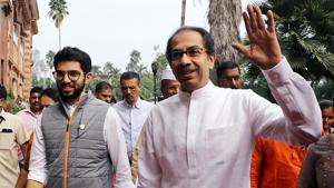 Maharashtra Chief Minister Uddhav Thackeray with his son Aditya Thackeray during the first day of the winter session of Maharashtra Assembly in Nagpur on Monday.(ANI Photo) Maharashtra Chief Minister Uddhav Thackeray with his son Aditya Thackeray during the first day of the winter session of Maharashtra Assembly in Nagpur on Monday.(ANI Photo)