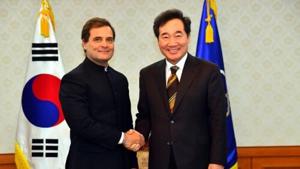 Rahul Gandhi with South Korean PM Lee Nak-yon in Seoul on Tuesday.(Twitter/@RahulGandhi) Rahul Gandhi with South Korean PM Lee Nak-yon in Seoul on Tuesday.(Twitter/@RahulGandhi)