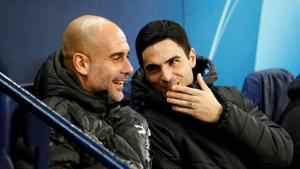 Manchester City manager Pep Guardiola and assistant coach Mikel Arteta.(Action Images via Reuters) Manchester City manager Pep Guardiola and assistant coach Mikel Arteta.(Action Images via Reuters)