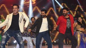 Salman Khan with Ram Charan and Venkatesh Daggubati in Hyderabad. Salman Khan with Ram Charan and Venkatesh Daggubati in Hyderabad.
