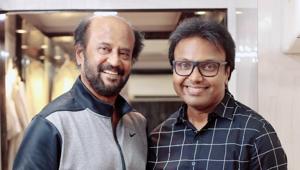 Rajinikanth with music composer D Imman in Hyderabad. Rajinikanth with music composer D Imman in Hyderabad.
