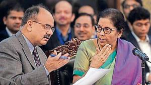 Finance minister Nirmala Sitharaman (right) with revenue secretary Ajay Bhushan Pandey in New Delhi on Dec18, 2019. (ANI photo) Finance minister Nirmala Sitharaman (right) with revenue secretary Ajay Bhushan Pandey in New Delhi on Dec18, 2019. (ANI photo)