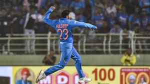 India bowler Kuldeep Yadav celebrates after completing his hat-trick during the 2nd ODI cricket match against West Indies at ACA-VDCA Cricket Stadium in Visakhapatnam, Wednesday, Dec. 18, 2019.(PTI) India bowler Kuldeep Yadav celebrates after completing his hat-trick during the 2nd ODI cricket match against West Indies at ACA-VDCA Cricket Stadium in Visakhapatnam, Wednesday, Dec. 18, 2019.(PTI)