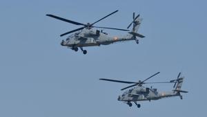 Ghaziabad: Newly-inducted IAF helicopters 'Apache' perform during the 87th Indian Air Force Day celebrations at Hindon Airbase, in Ghaziabad, Tuesday, Oct. 8, 2019. (PTI Photo/Vijay Verma) (PTI10_8_2019_000048B)(PTI) Ghaziabad: Newly-inducted IAF helicopters 'Apache' perform during the 87th Indian Air Force Day celebrations at Hindon Airbase, in Ghaziabad, Tuesday, Oct. 8, 2019. (PTI Photo/Vijay Verma) (PTI10_8_2019_000048B)(PTI)