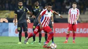 Roy Krishna in action during the match between ATK and Hyderabad FC.(Twitter) Roy Krishna in action during the match between ATK and Hyderabad FC.(Twitter)