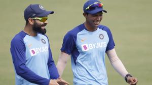 Virat Kohli and bowler Navdeep Saini (L) during a practice session.(ANI) Virat Kohli and bowler Navdeep Saini (L) during a practice session.(ANI)
