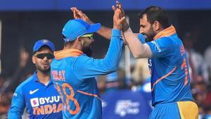 Mohammad Shami celebrates with captain Virat Kohli after the dismissal of West Indies batsman Shai Hope.(PTI) Mohammad Shami celebrates with captain Virat Kohli after the dismissal of West Indies batsman Shai Hope.(PTI)