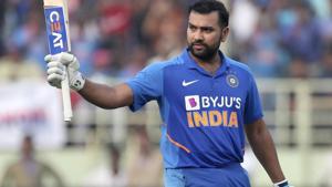 India's Rohit Sharma raises his bat.(AP) India's Rohit Sharma raises his bat.(AP)