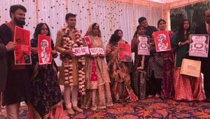 Amina Zakiah, a postgraduate student at the varsity who resides in the nearby locality of Abul Fazl Enclave, said she had been attending the protests regularly even two days before her wedding.(HT PHOTO.) Amina Zakiah, a postgraduate student at the varsity who resides in the nearby locality of Abul Fazl Enclave, said she had been attending the protests regularly even two days before her wedding.(HT PHOTO.)